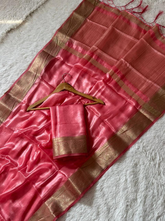 Light Red Soft Silk Pure Zari Weaving Saree