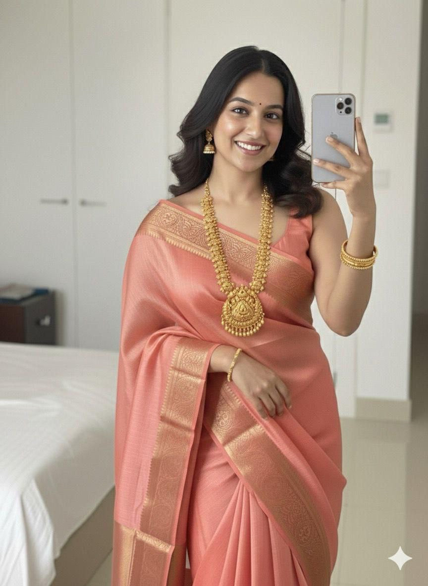 Light Red Soft Silk Pure Zari Weaving Saree