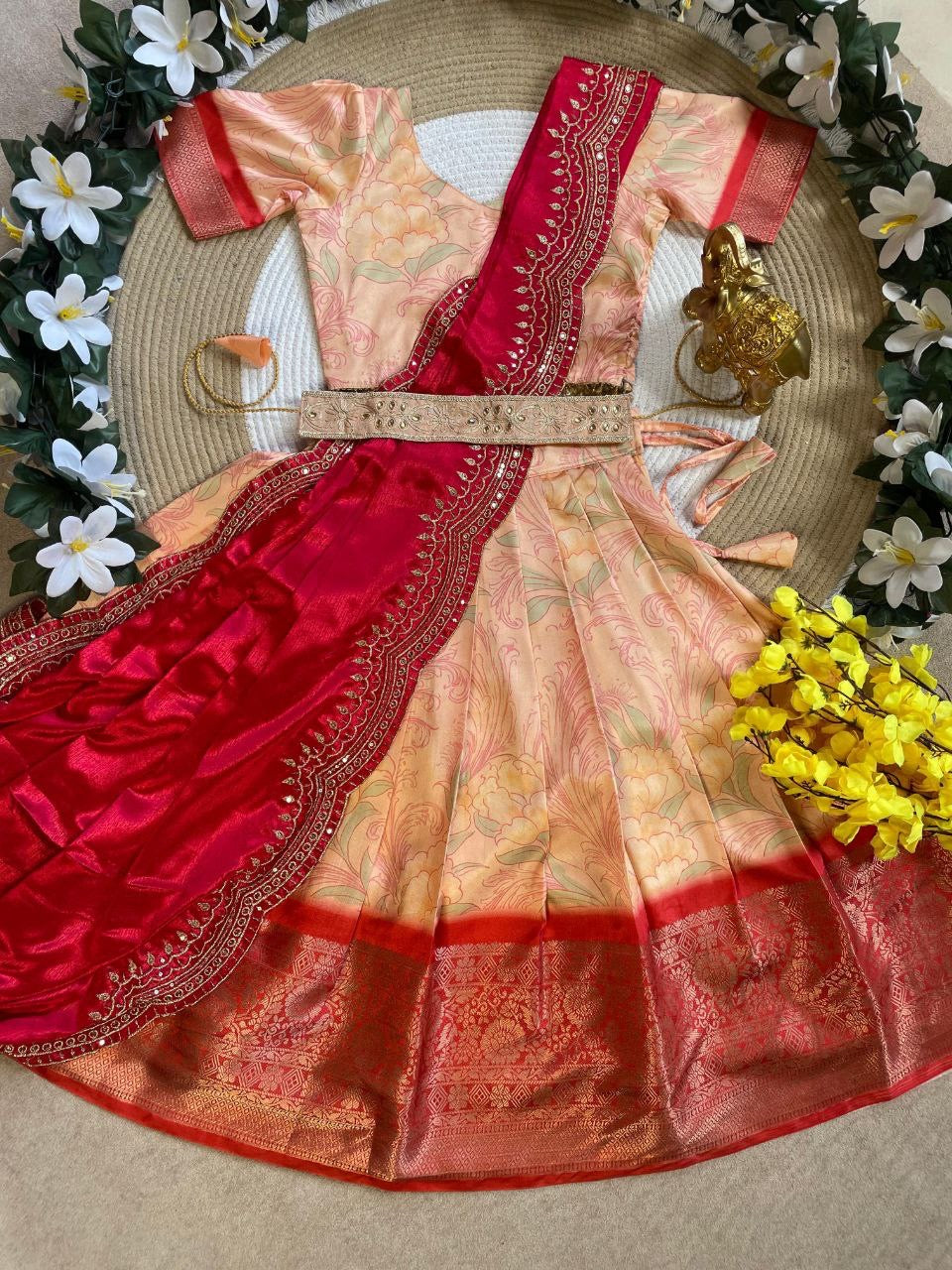 Floral Paisley Pure Silk Blouse with Cotton Lehenga and Half Saree