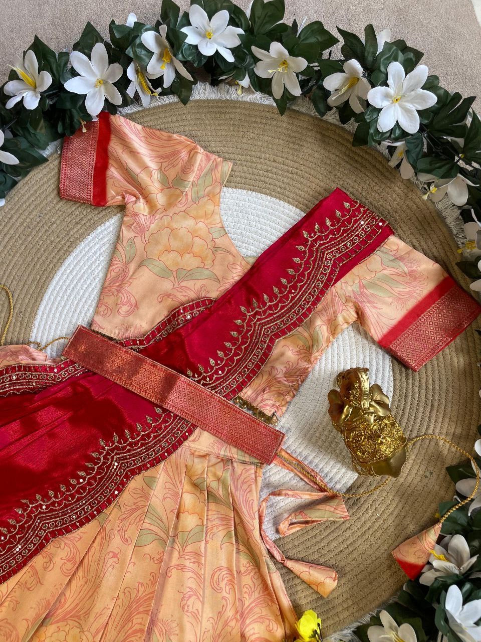Floral Paisley Pure Silk Blouse with Cotton Lehenga and Half Saree