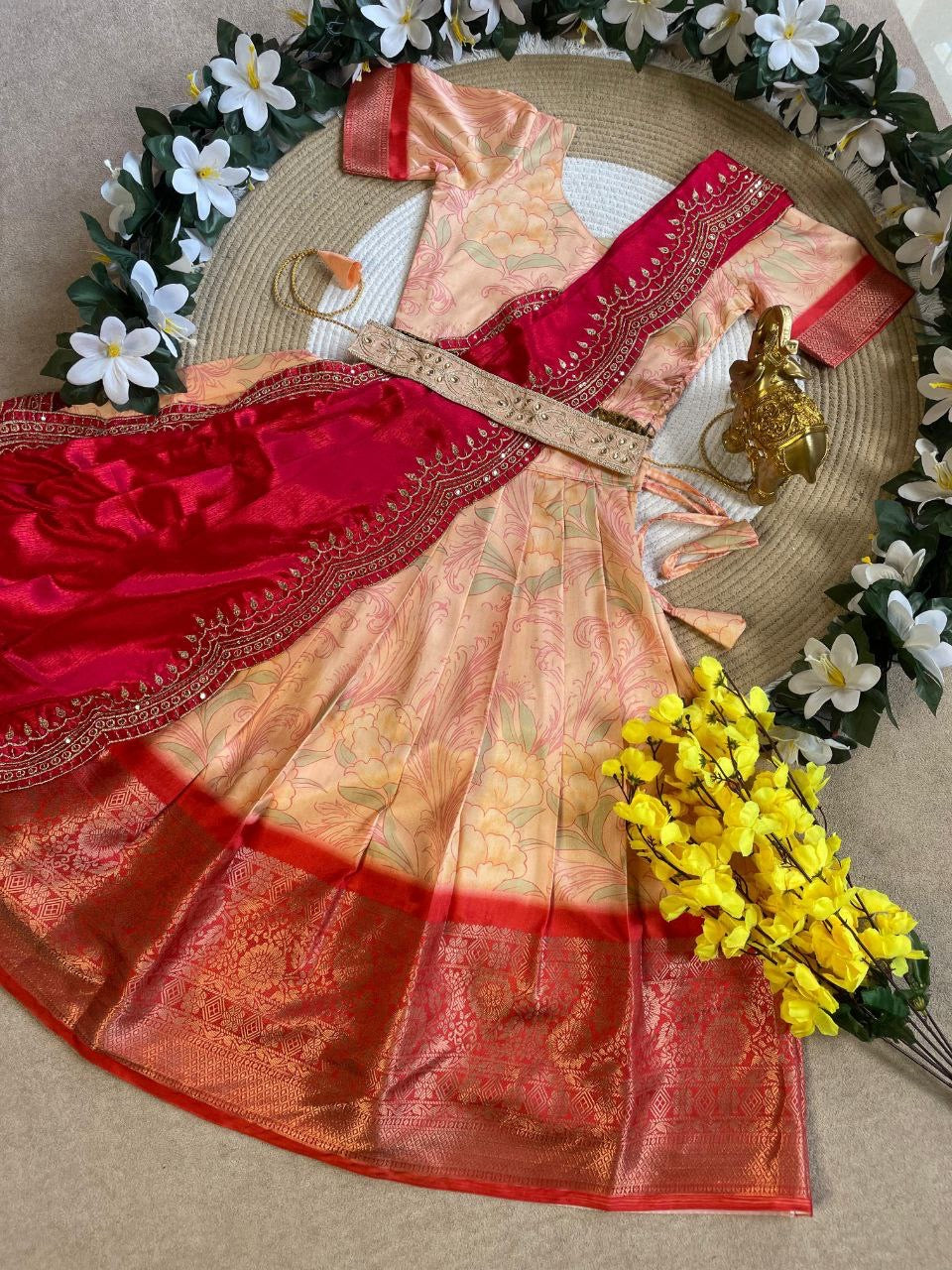 Floral Paisley Pure Silk Blouse with Cotton Lehenga and Half Saree