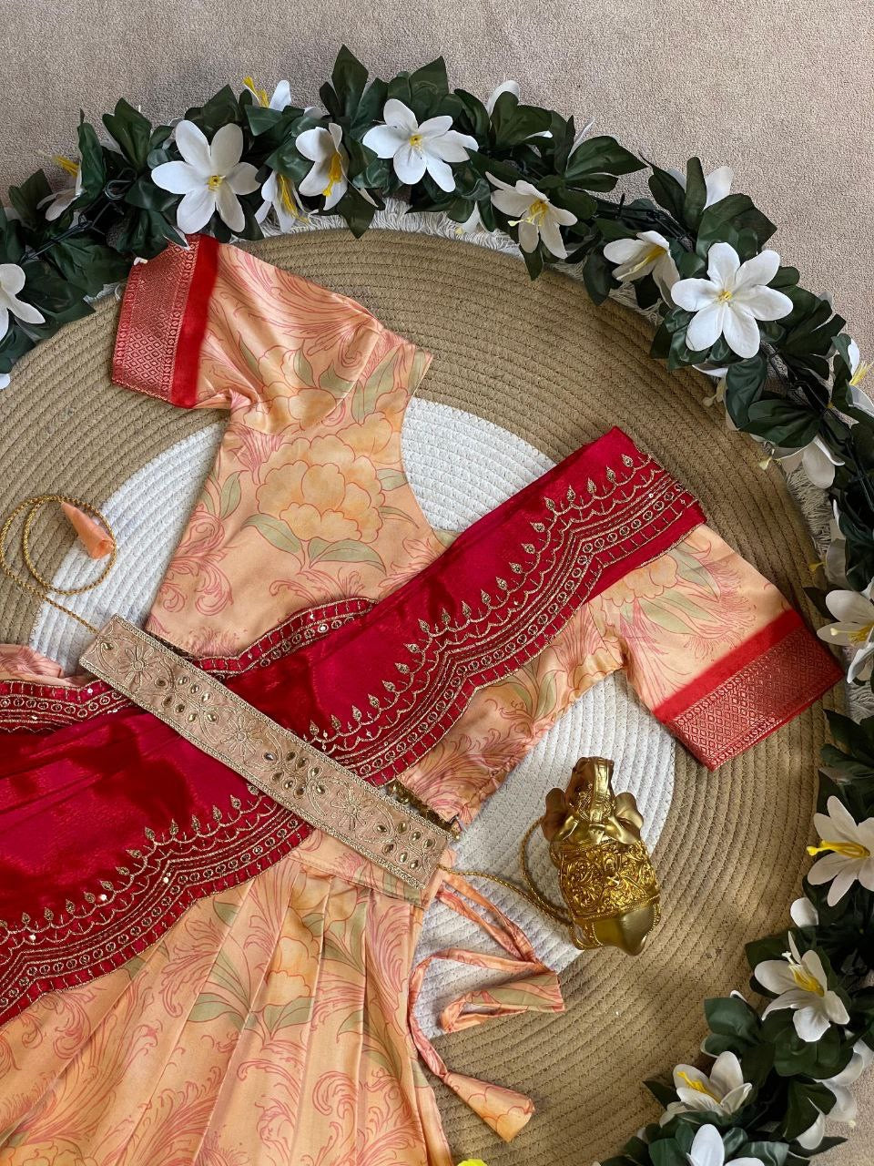 Floral Paisley Pure Silk Blouse with Cotton Lehenga and Half Saree