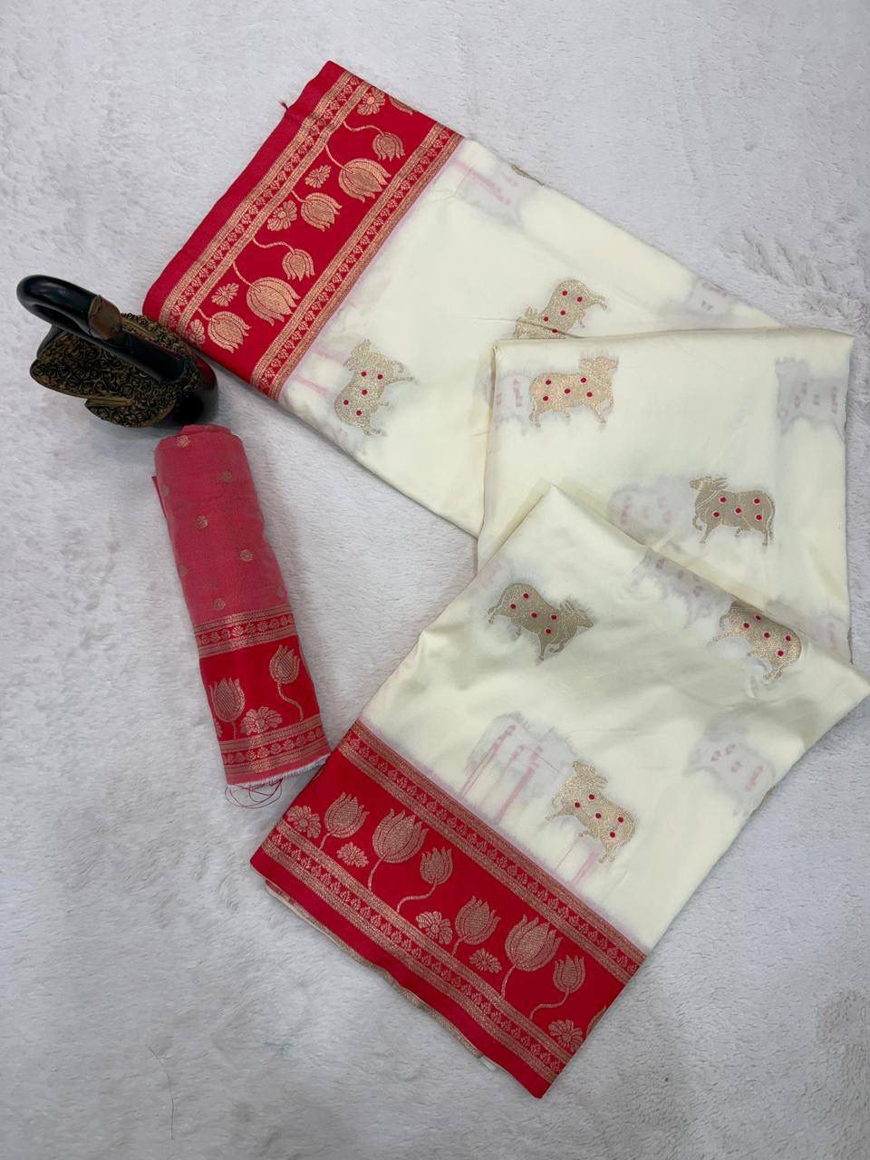 White Soft Silk Paithani Saree with Nandhi Motifs