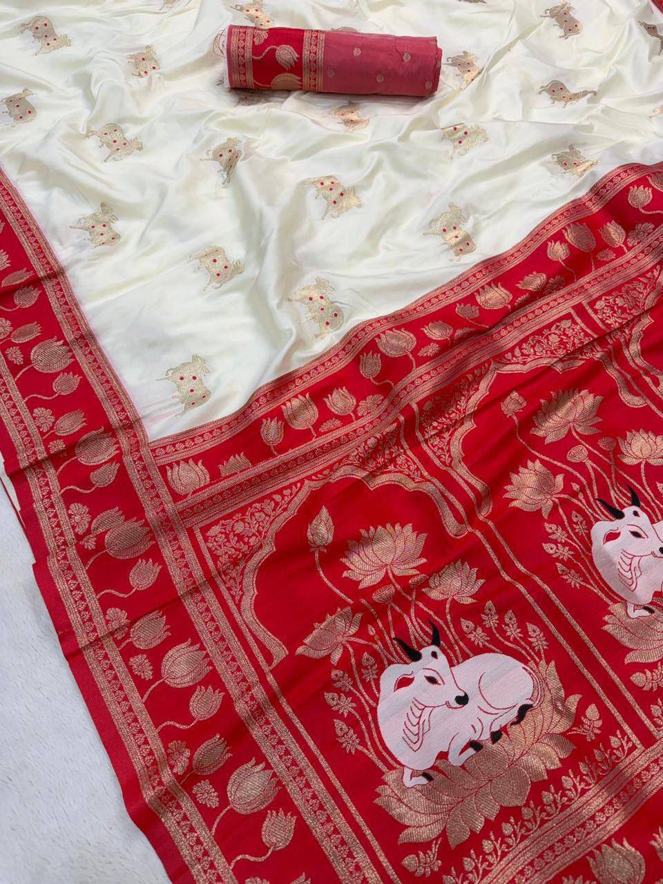 White Soft Silk Paithani Saree with Nandhi Motifs
