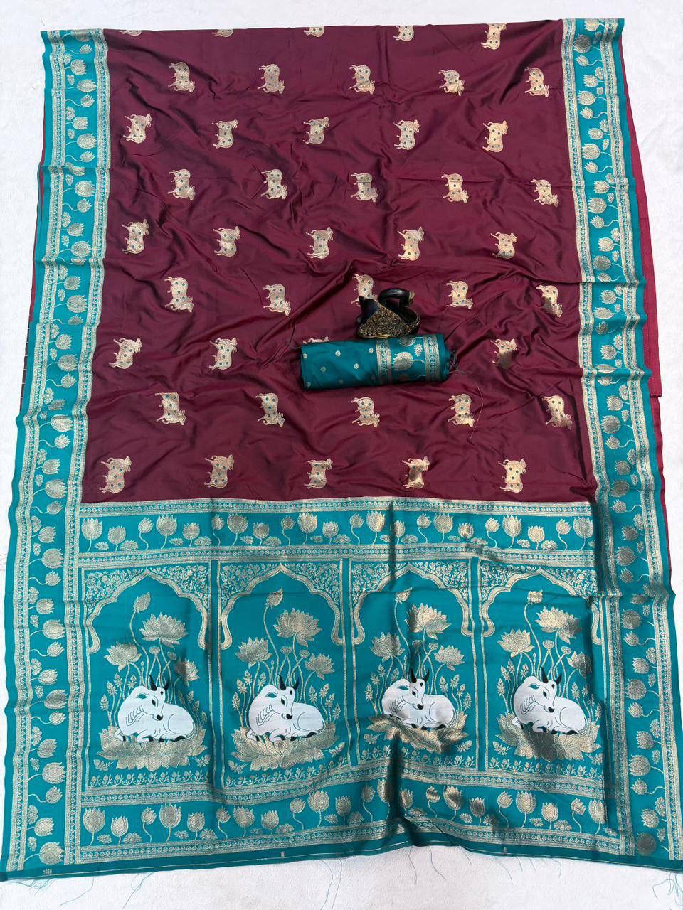 Wine Soft Silk Paithani Saree with Nandhi Motifs