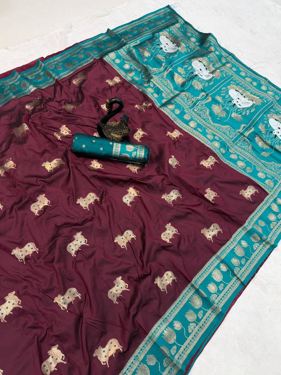 Wine Soft Silk Paithani Saree with Nandhi Motifs