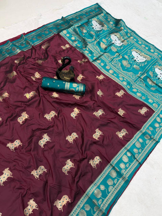 Wine Soft Silk Paithani Saree with Nandhi Motifs